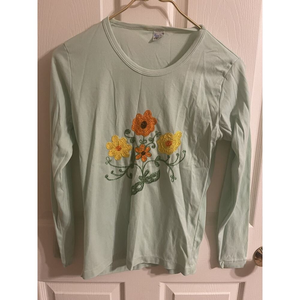 70s Miss K Small 70s embroidered floral lime green art deco mod Top